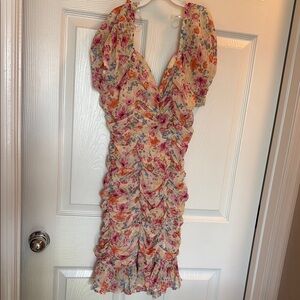 Haute Monde Pink and Green Ruffled Wrap Mini Dress